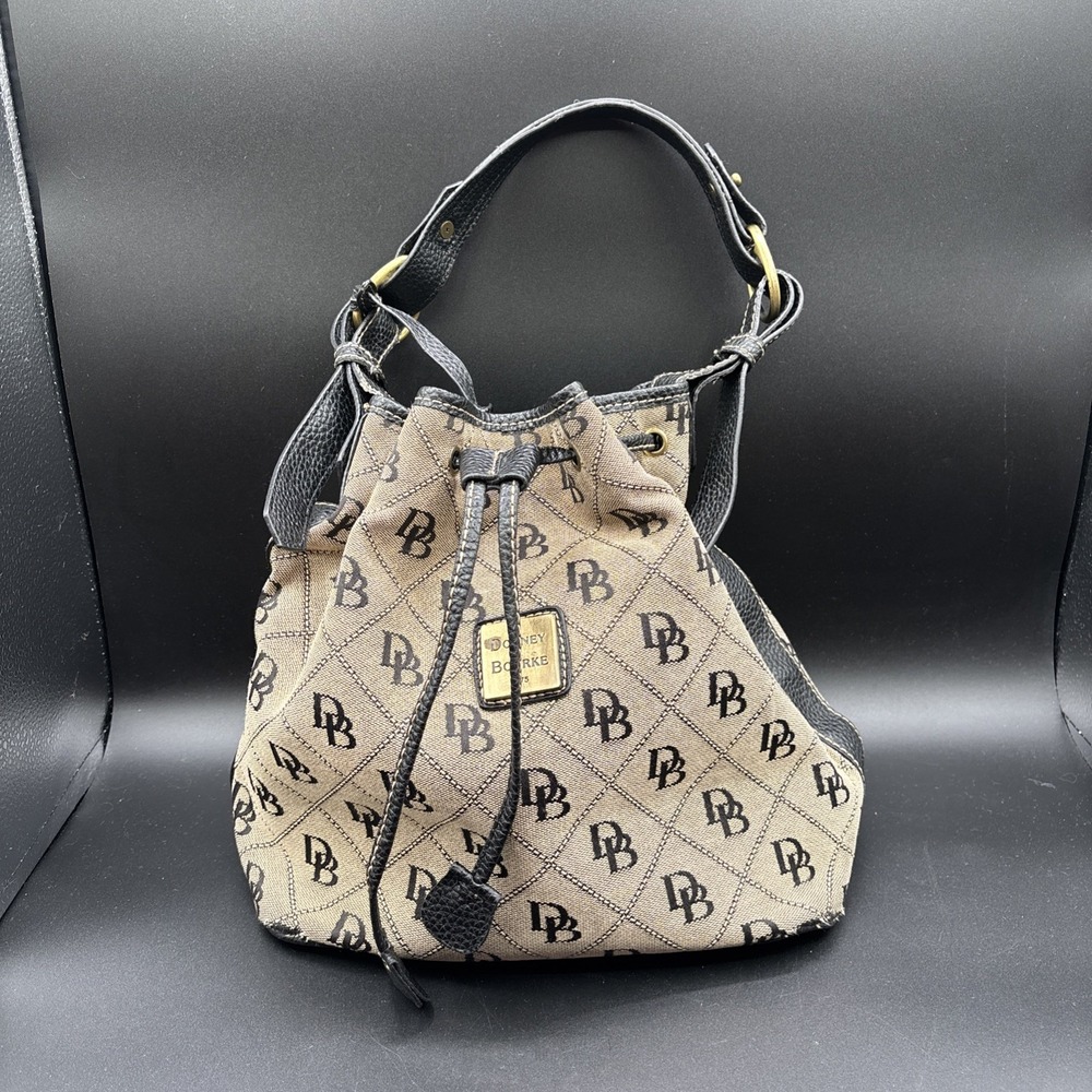 Dooney & Bourke Drawstring Bucket Hobo Shoulder Bag Signature Monogram